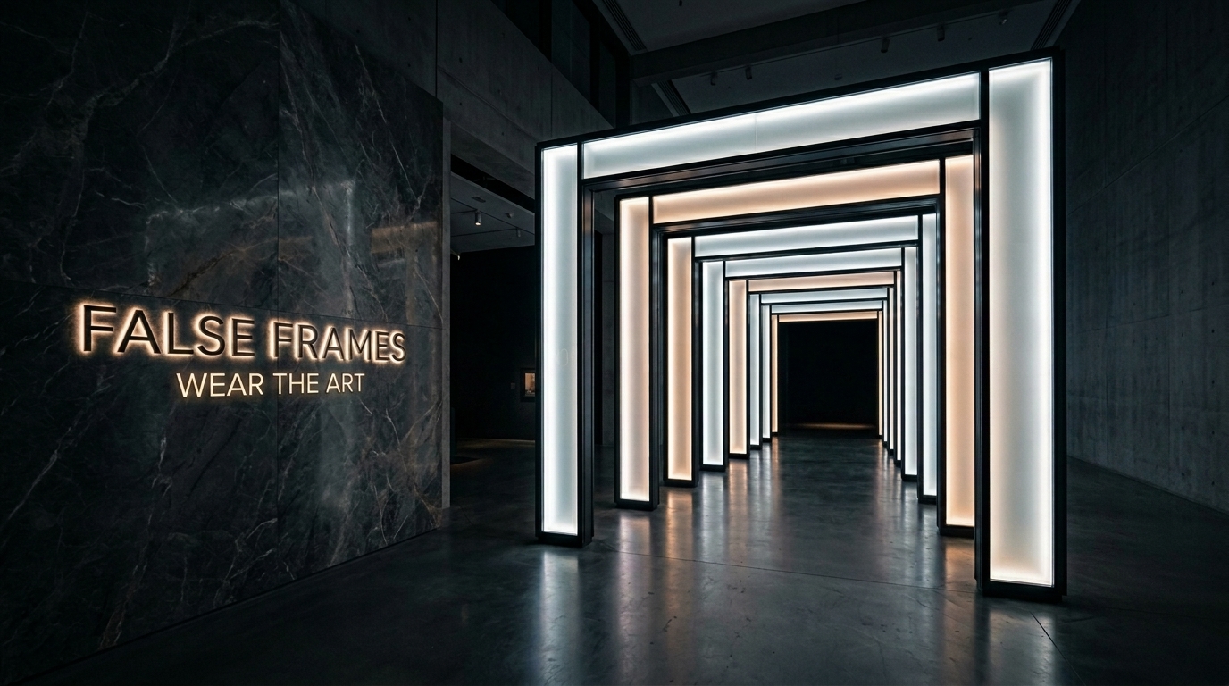 Dark False Frames gallery entrance with illuminated architectural frames
